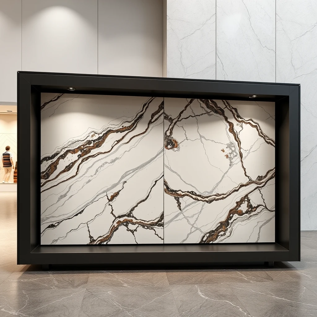 Smart, stylish automated display system that can hold large 4-meter sized, polished marble panels such that the marble panels can be carried on AGVs, plus oriented vertically or horizontally, in automatically unfolding into L-shaped bookmatch format, for best viewing experience. - Image