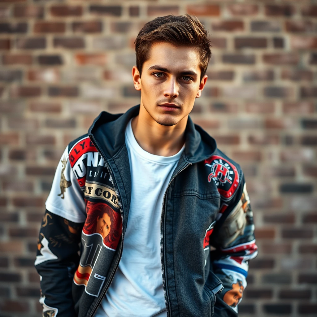 Freddie Prinze head and body shot, handsome, young, serious face, white T-shirt, collage jacket, jeans, sneakers, hyper-realistic, street photography, brick wall, full body photography, sunrise.