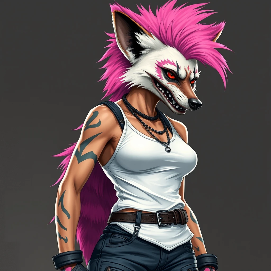 an anthro female hyena, pink fluffy hair, punk, white tank top, clothing, heavy chest, tall, wide hips, - Image