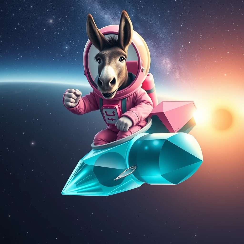 An ambitious donkey wearing pink astronaut costume, riding on a crystal stunning cyan spaceship, making a punching gesture, flying to the outerspace under a clear night sky with lots of shining stars, passing by a huge black-hole. Realistic style. - Image