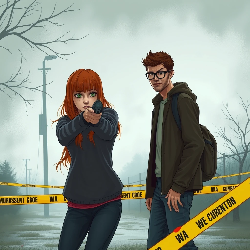 A murder scene; a short, skinny teenage girl with long ginger hair and bangs, green eyes shooting and killing a young, skinny, tall Italian white man who wears glasses.