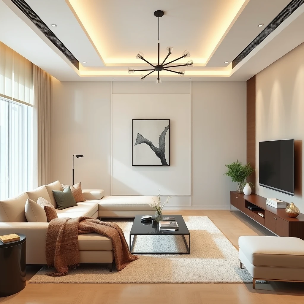 Interior design, cream minimalist style, modern living room.