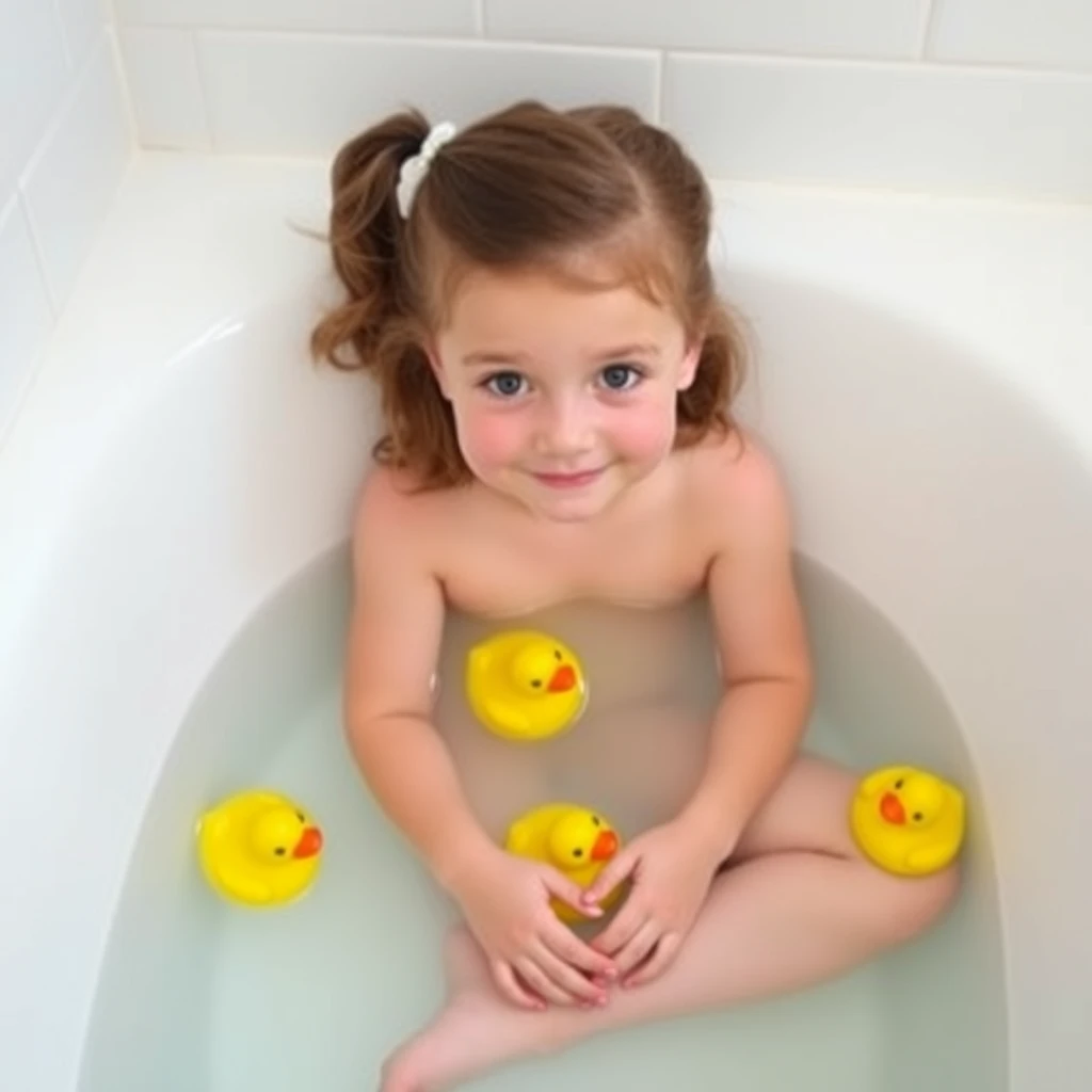 preteen girl taking bath in bathtub with clear water, sitting cross-legged with yellow rubber ducks