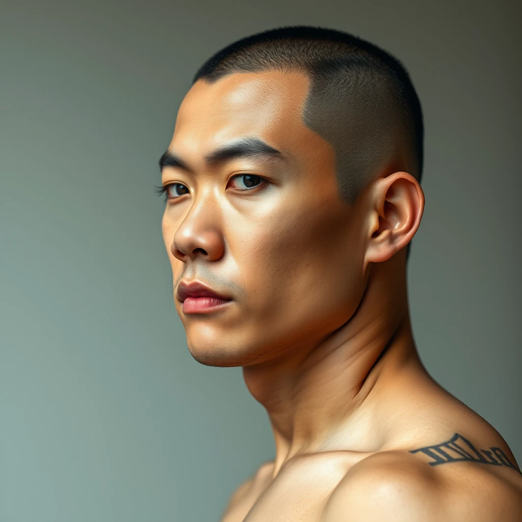 A half body portrait of a muscular, beefy Asian male with a buzz cut, in high definition, 32k ultra high definition, realistic. - Image