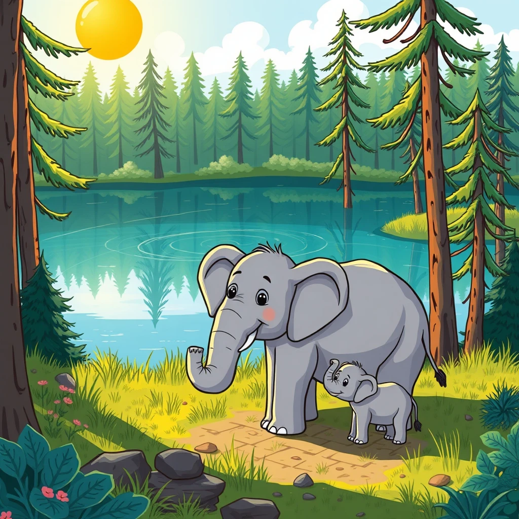 A whimsical cartoon of a happy elephant with her family grazing near a Finnish lake in a lush forest in the sun. - Image