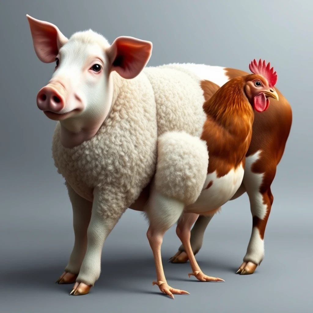 Create an image of the metaphor of the egg-laying wool-milk pig.

The hybrid animal should combine the four animals: pig, sheep, cow, and chicken. The photorealistic image should show only the animal, nothing else.

Divide the animal as follows and make the transitions smooth: 

- Head of the pig
- Shoulder and front legs of the sheep
- Hip and hind legs of the cow including the udder
- Tail of the chicken. - Image