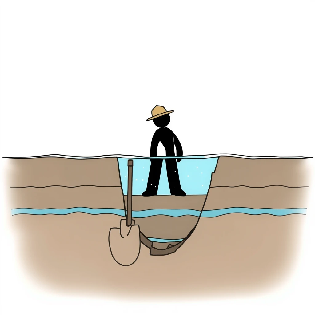 /image prompt: figure, miner, hat, shovel, line drawing, cross-section, underground, water level, dig several times, almost touch water, perseverance, HD, 16k --ar 16:9 --v 6.0/ - Image