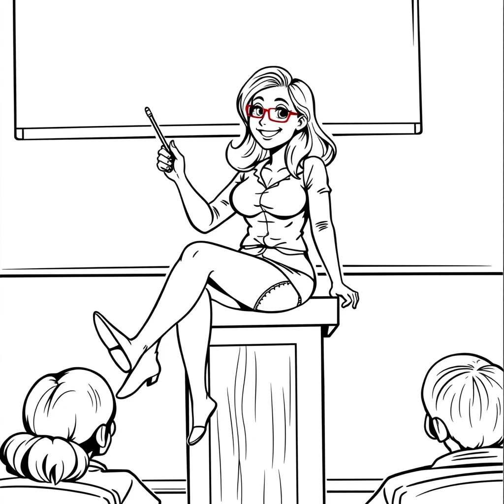 Comic line art, a teacher sits on the podium with her legs wide open, she points to her underpants with a pointer, smiling at the students.