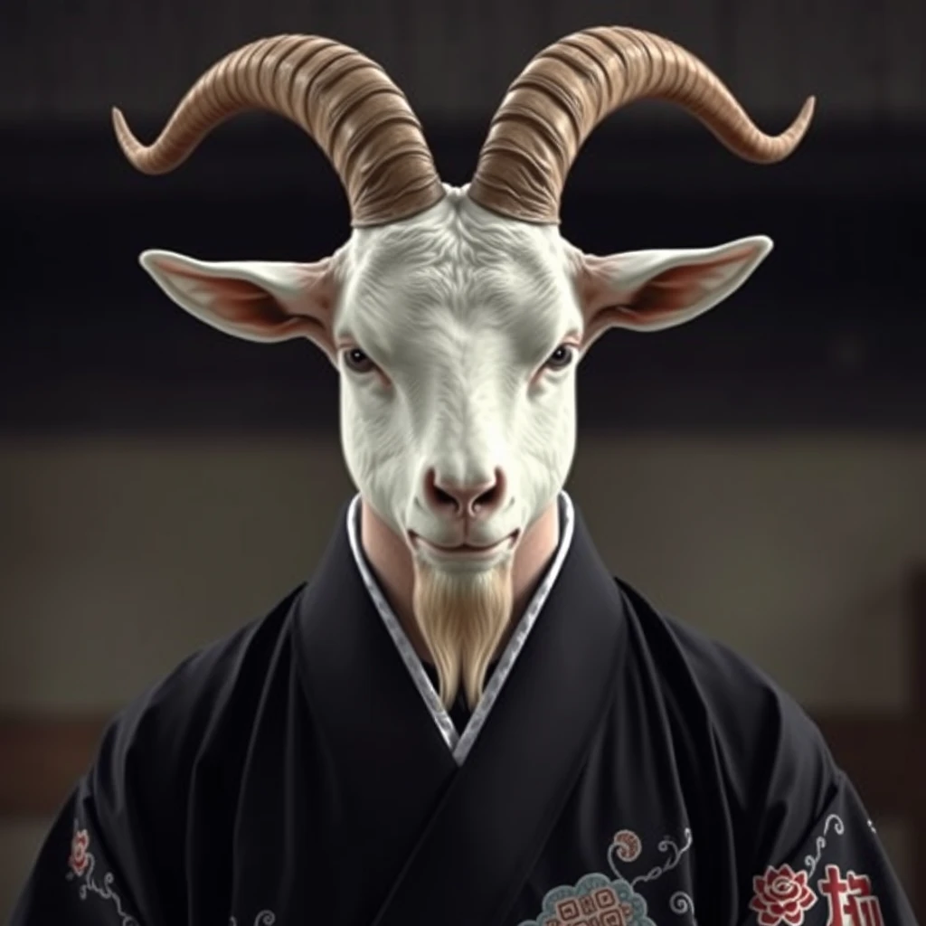 A man with a goat head wearing a black kimono, artistic. - Image