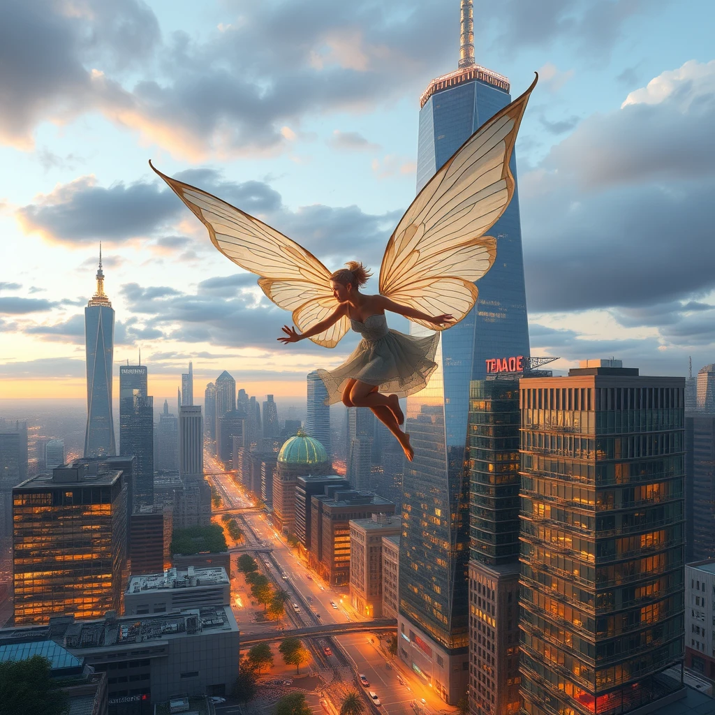 Fairy flying over modern city