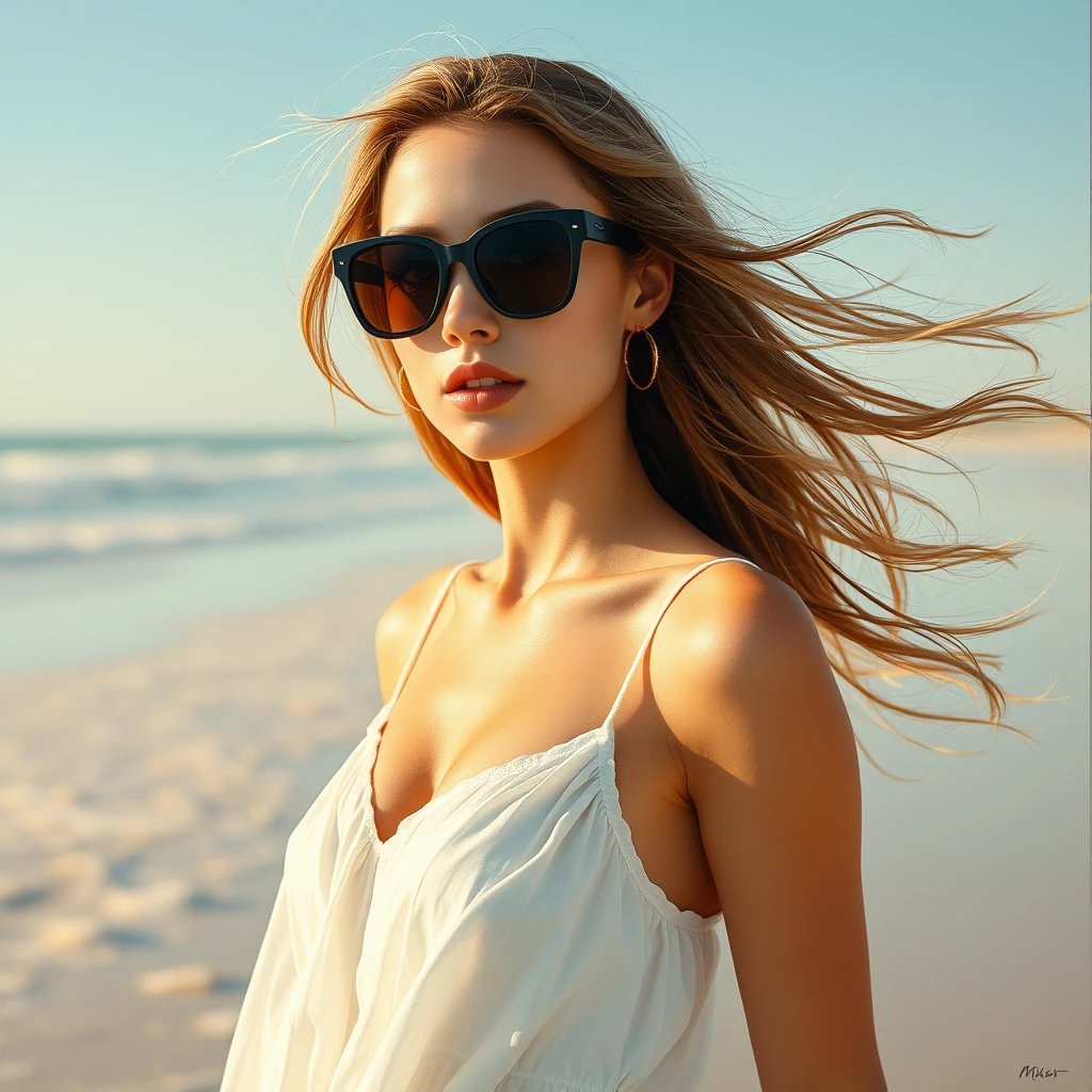 Beautiful woman in white summer dress standing at the beach, dress and hair flying in the wind, sunglasses, summer day, sunny, detailed sand textures, piercing eyes, perfect delicate face, perfect lips, Oil Painting, expressive brushwork, luminous color palette, and delicate details, Miki Asai Macro photography, close-up, hyper detailed, trending on artstation, sharp focus, studio photo, intricate details, highly detailed, by greg rutkowski.