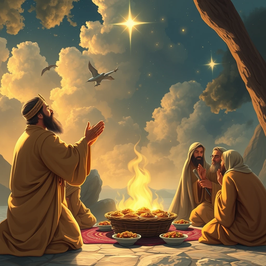 'Prophet Isa (AS) praying to Allah, bringing down dishes from the sky, along with twelve of his disciples (Hawariyyun) FullHD.' - Image