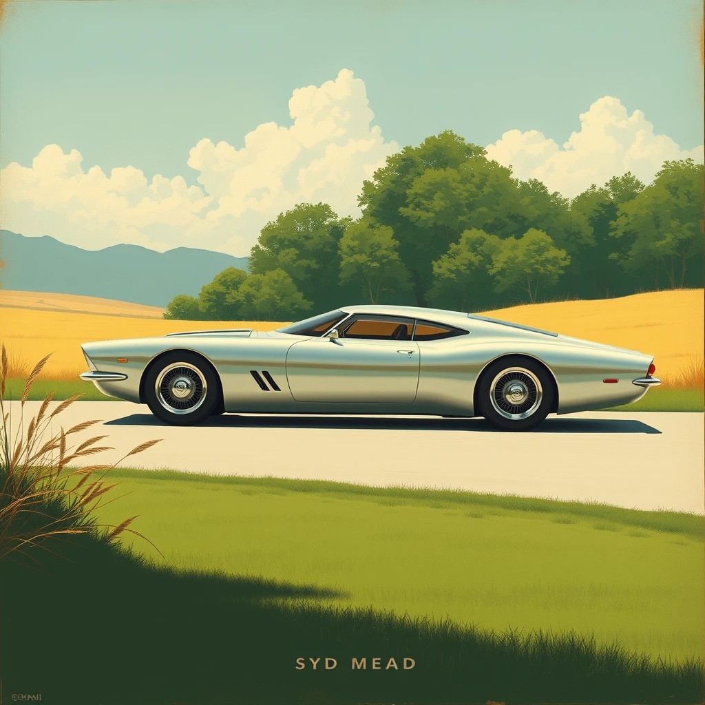 Corner view, a retro-futuristic sports sedan concept, a painting by Syd Mead, sleek, country setting.