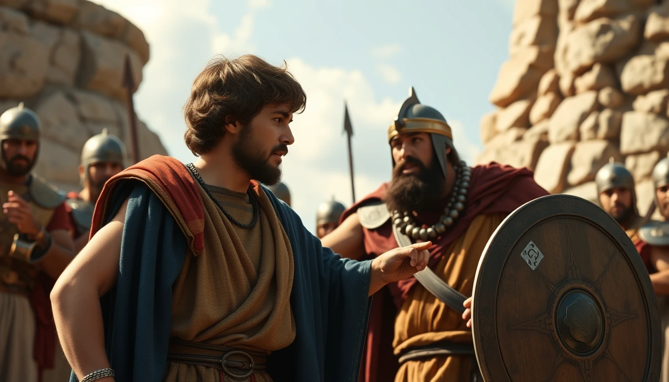 Young King David arguing with King Saul to fight Goliath.