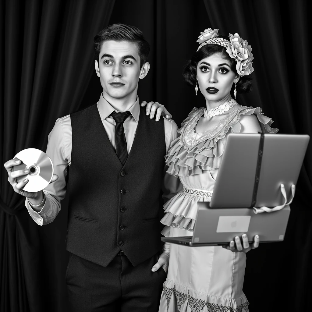 Black-and-white hyper-realistic image of a young couple dressed in 1920s Vaudeville-style period costumes, standing in an intimate pose. The man is wearing a waistcoat, a high-collared shirt, and has neatly styled hair, characteristic of the 1920s era. The woman is in a ruffled dress with a lace collar, a decorative headpiece adorned with flowers, and classic 1920s makeup. They are both holding modern technology: the man holds a DVD disc with an amazed expression, and the woman is holding a laptop, looking astonished as she sees their own image on the screen. The background is dark, with heavy, ornate curtains draped, giving a theatrical, staged appearance typical of a Vaudeville performance. The lighting is soft and focused on their faces, accentuating their expressions and the intricate details of their costumes. The image should mimic the vintage photograph style of the 1920s with high contrast and slight graininess. Capture this scene with high-resolution details, ensuring the textures of the fabric and the delicate lace are visible, with a subtle bokeh effect to blur the background and emphasize the couple and the technology they are holding. The overall mood is a whimsical blend of nostalgia and modernity, evoking the charm of the Vaudeville era while highlighting the contrast with 21st-century technology.