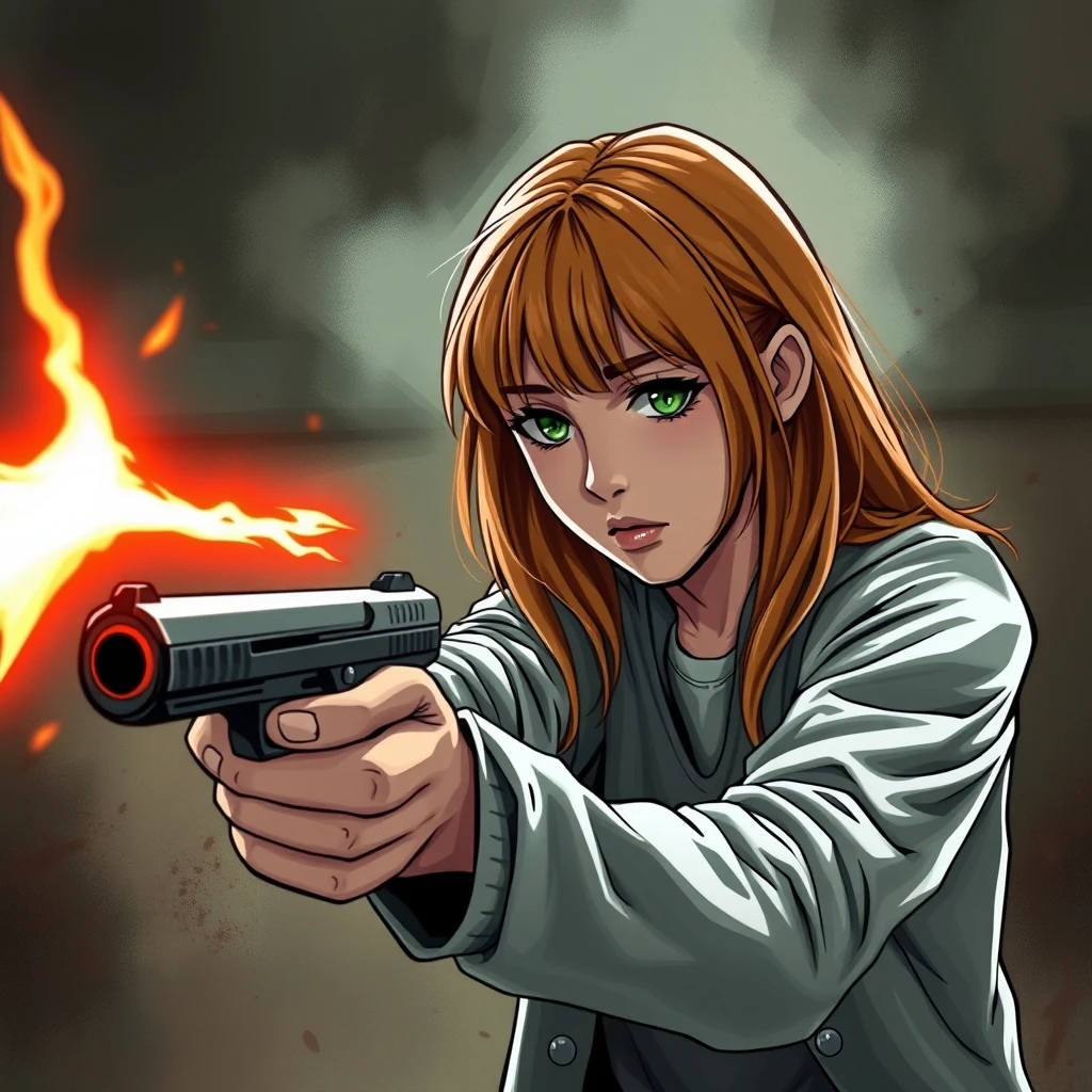 A death scene; a short, skinny teenage girl with long ginger hair and bangs, green eyes, shooting and killing a young, tall, skinny Italian white man who wears glasses. - Image