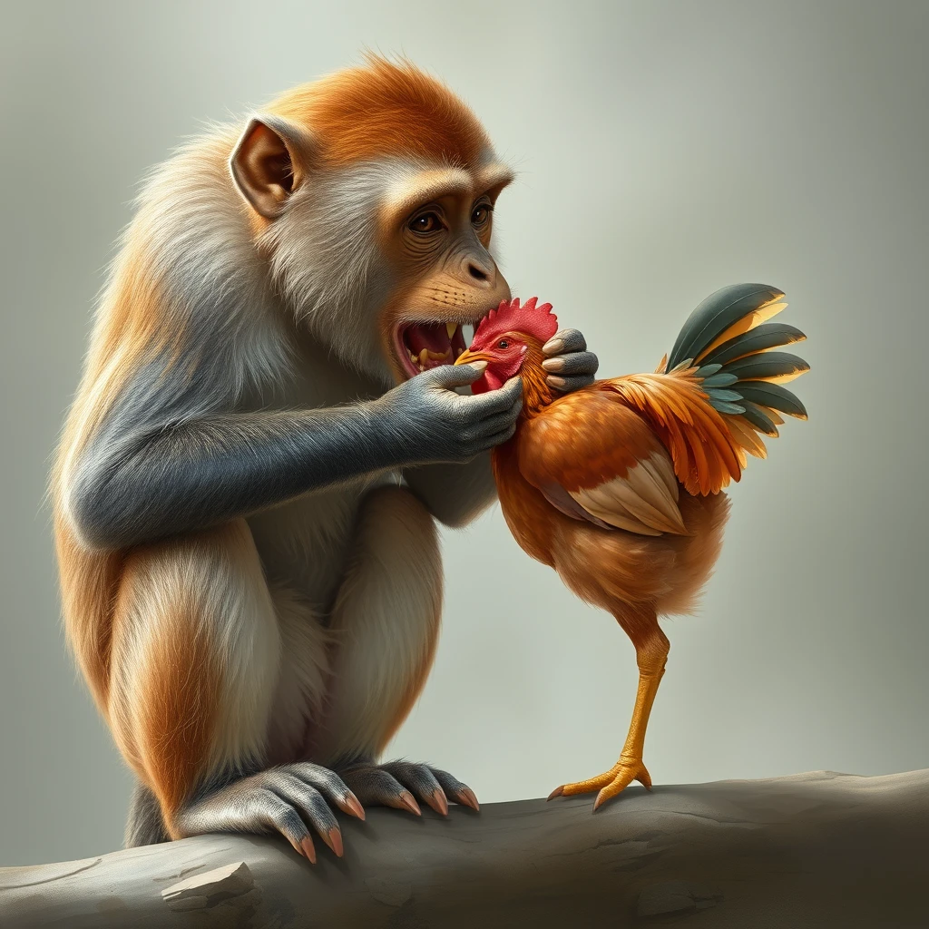 The monkey eats chicken.