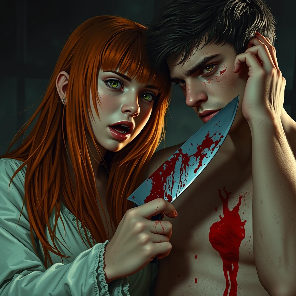 A horror scene; a short, skinny teenage girl with long ginger hair and bangs, green eyes, and large breasts is stabbing a tall young white brunette guy with dark eyes with a knife. Both of them are covered in blood.