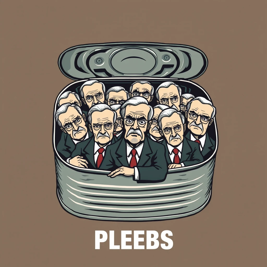 A playful tee shirt design of an open sardine can with the twist off top full of live rich old dudes packed shoulder to shoulder in business suits with scowls on their faces with the text "PLEBS" underneath as a tee shirt design. View from the front. - Image