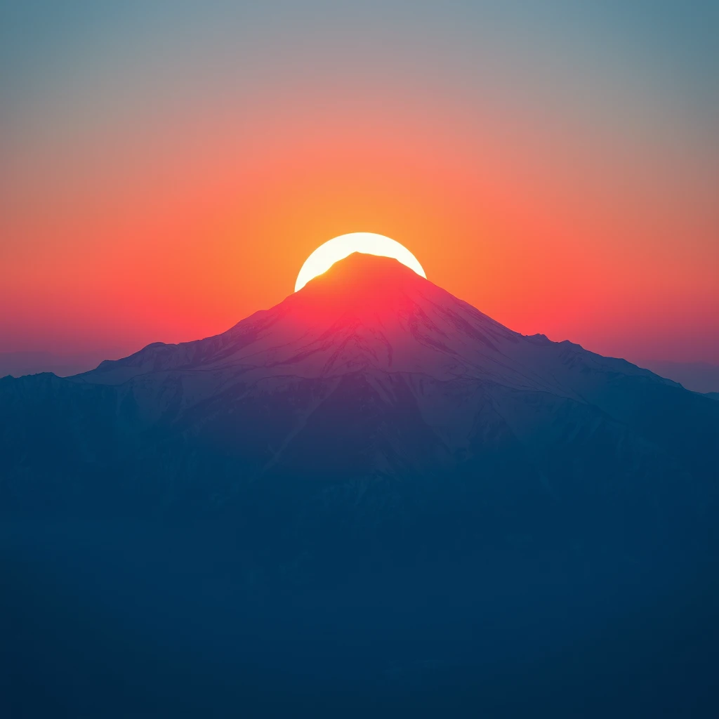 A sun back with a snow mountain at sunset. - Image