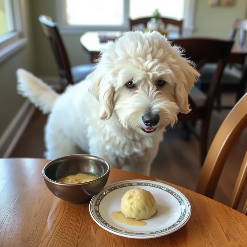 A white goldendoodle, male, 35 lbs, named Rockie, steals a dumpling from the dining table when the owner cannot see him.