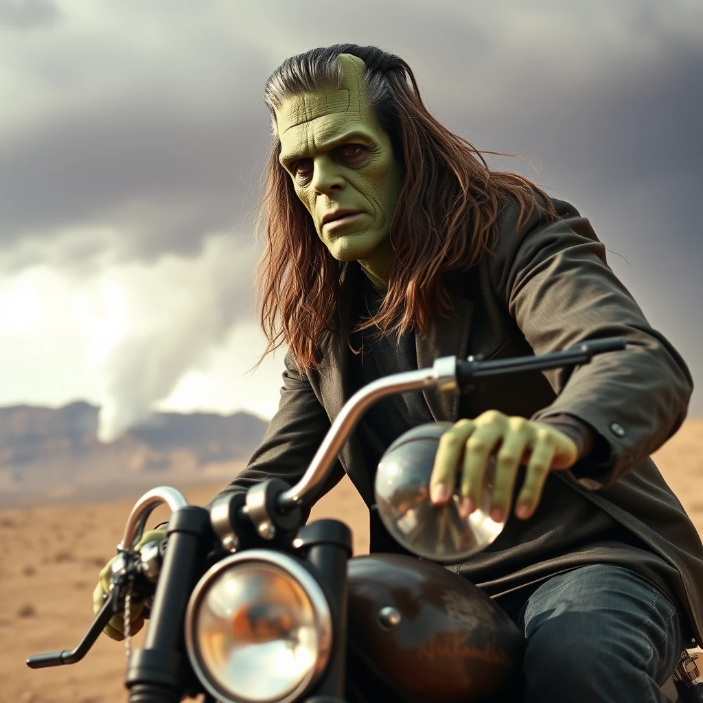 Boris Karloff as Frankenstein with long hair, riding his chopper, a storm is coming across the desert, photo-realistic, 4k.