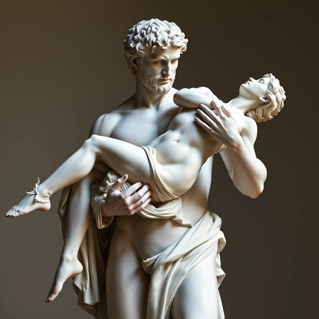 A male is holding a female in his hands, best resolution, best pose, all composition rules apply, marble sculpture in the style of Michelangelo with intricate details, best anatomy of the body, masterpiece.