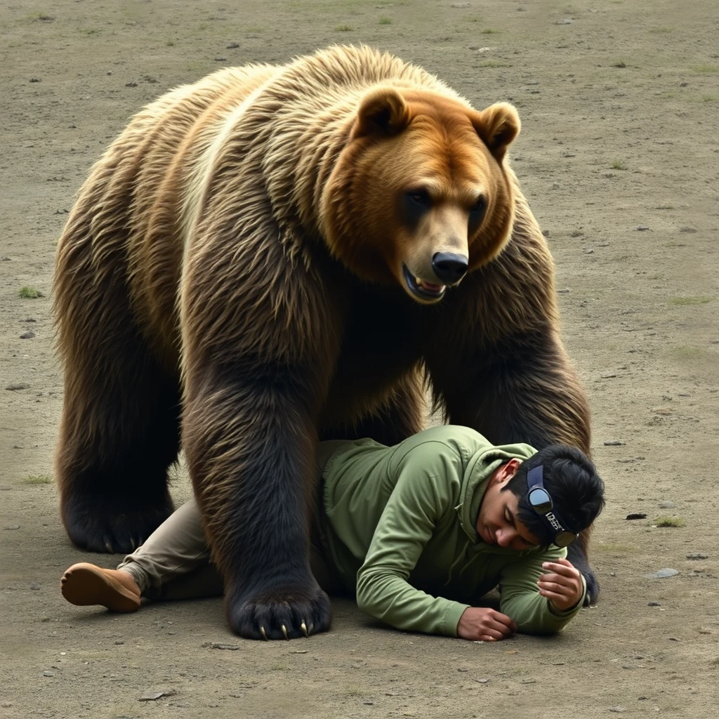 "A strong bear personification, a person lies on the ground, pressing the person down to the ground." - Image