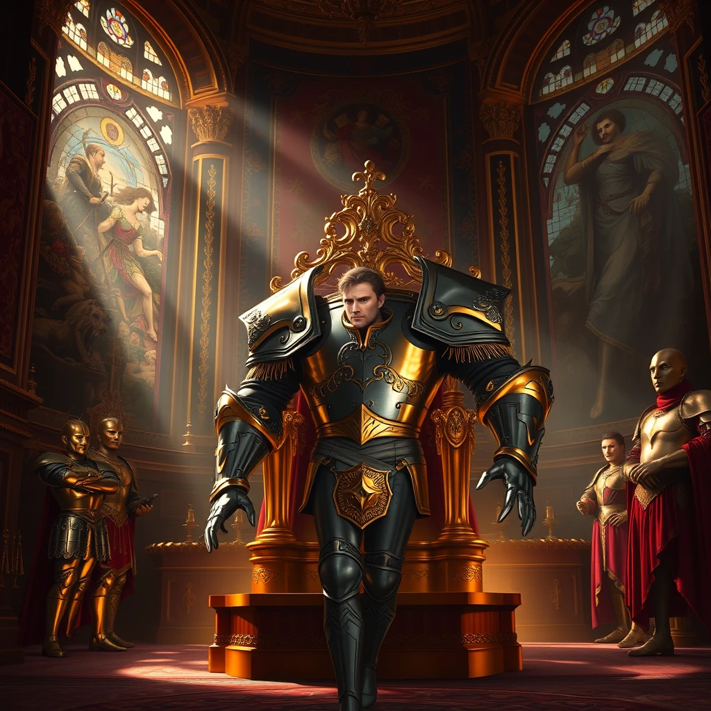 ## Scene:

A grand, opulent throne room within a medieval palace, bathed in the dramatic chiaroscuro of light streaming through stained-glass windows. Rich tapestries depicting scenes of heroic battles and regal processions adorn the walls, while gleaming suits of armor stand sentinel in the shadowy corners. The golden throne, intricately carved and adorned with precious stones, sits atop a raised dais, bathed in a pool of warm light, symbolizing the pinnacle of power.

## Character 1: The Usurper

A handsome and powerfully built man in his prime, the usurper exudes an aura of strength and ruthlessness. He stands tall and broad-shouldered, his physique hinting at years spent honing his martial skills. He is clad in gleaming, meticulously crafted plate armor, the cold steel reflecting the ambient light. His face, though handsome, is hardened by battle and ambition, with a square jaw, piercing blue eyes, and a stern expression that betrays his unwavering determination.

## Pose 1:

The usurper sits sprawled upon the golden throne, his posture arrogant and commanding. One leg is casually draped over the armrest, his armored boot gleaming in the light. His right hand rests upon the jeweled pommel of a large, ornate sword that rests across his lap, the fingers drumming impatiently against the gems. His left hand grips the armrest, the knuckles white with the force of his grip. His head is held high, chin raised in a gesture of haughty dominance, as he surveys the room with a cold, calculating gaze, as if daring anyone to challenge his newly claimed authority.

## Character 2: The Deposed King

A frail and broken man, his age evident in his stooped posture and the lines etched deep into his face. He is draped in the remnants of his once-regal robes, now torn and stained, reflecting his fallen status. His eyes, once bright and commanding, are now dull with despair and humiliation.

## Pose 2:

The deposed king kneels abjectly at the foot of the throne, his head bowed low, his shoulders slumped in defeat. His hands are clasped together in supplication, his fingers intertwined tightly.

## Interactions 1 & 2:

The deposed king leans forward and presses his lips against the usurper's armored boot in a gesture of forced submission and fealty. The usurper looks down upon him with a mixture of contempt and satisfaction, his grip tightening on the pommel of his sword, a silent threat hanging heavy in the air. The scene captures the brutal reality of power struggles and the stark contrast between the victor and the vanquished.