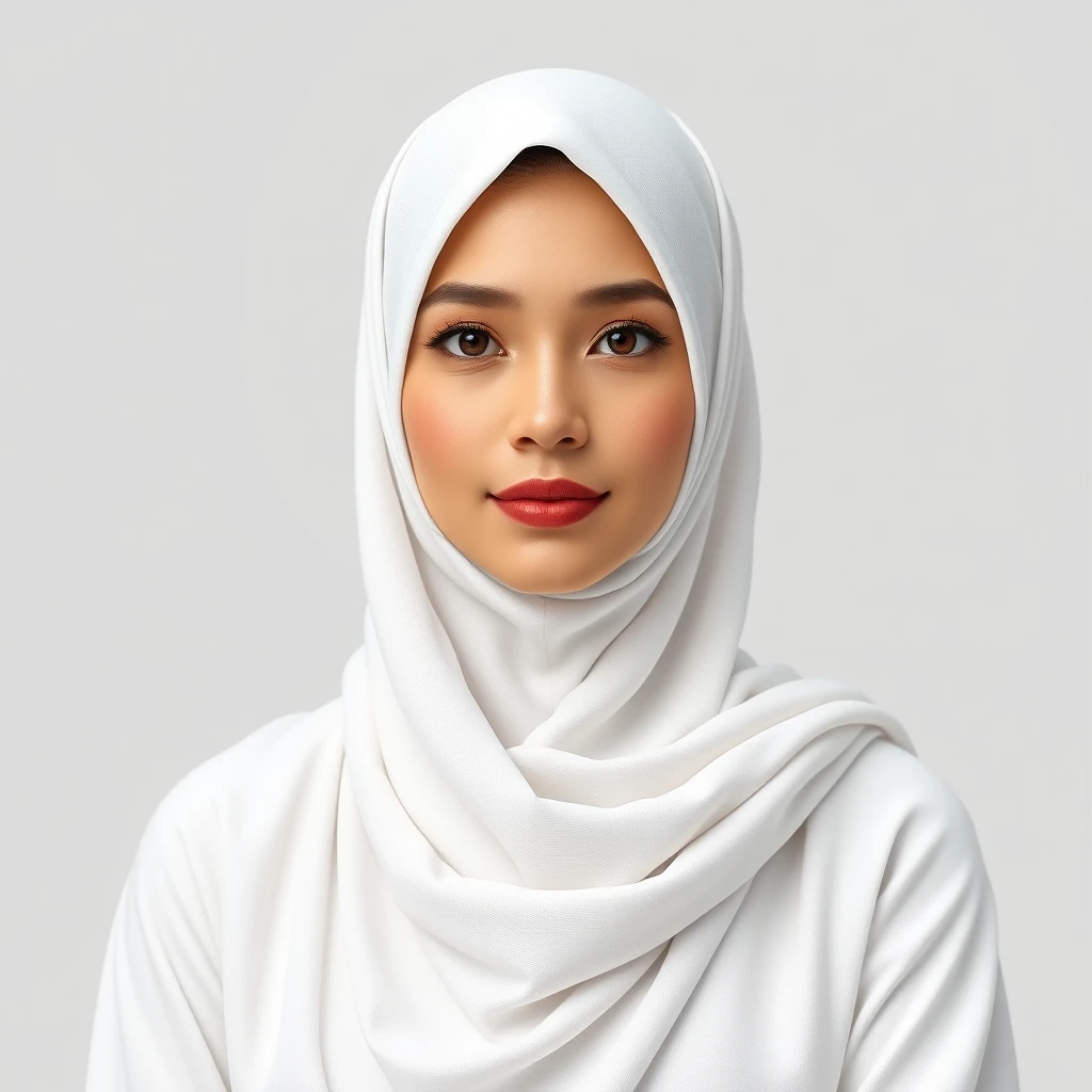 Generate an image of a Muslim woman wearing a white niqab and a white abaya. The background should be neutral or minimalistic to focus on her traditional Islamic attire. The image should convey a sense of modesty, elegance, and serenity, 8k, realistic, HD. - Image