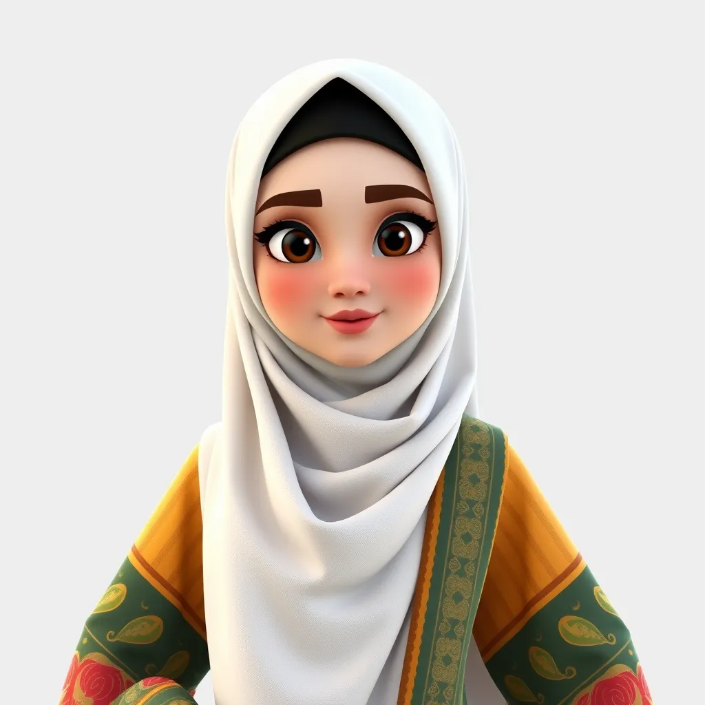 Create a 3D animated cartoon of a Muslim woman from Palembang wearing a long white gamis. The character should be highly detailed with 8K resolution. Focus on traditional Palembang features and cultural elements.