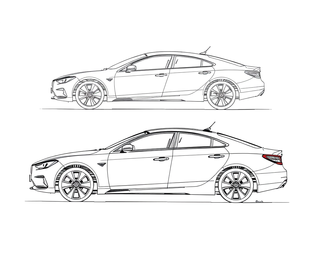 Create a precise and detailed black and white sketch of a car's exterior and interior design, suitable for patent documentation. The sketch should include:

Exterior Design:
Front View:

Include the shape and design of the front grille, headlights, bumper, and hood.
Side View:

Show the car's profile, including the doors, windows, wheel arches, and side mirrors.
Rear View:

Illustrate the design of the rear bumper, taillights, and trunk.
Top View:

Provide a bird’s-eye view of the roof, including the placement of any antennas or roof rails.
Wheel Design:

Detail the wheel rims and tires from different angles if applicable. - Image