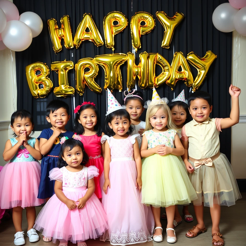 Children celebrating a birthday in fancy dresses with "Happy Birthday" written in balloons in the background.