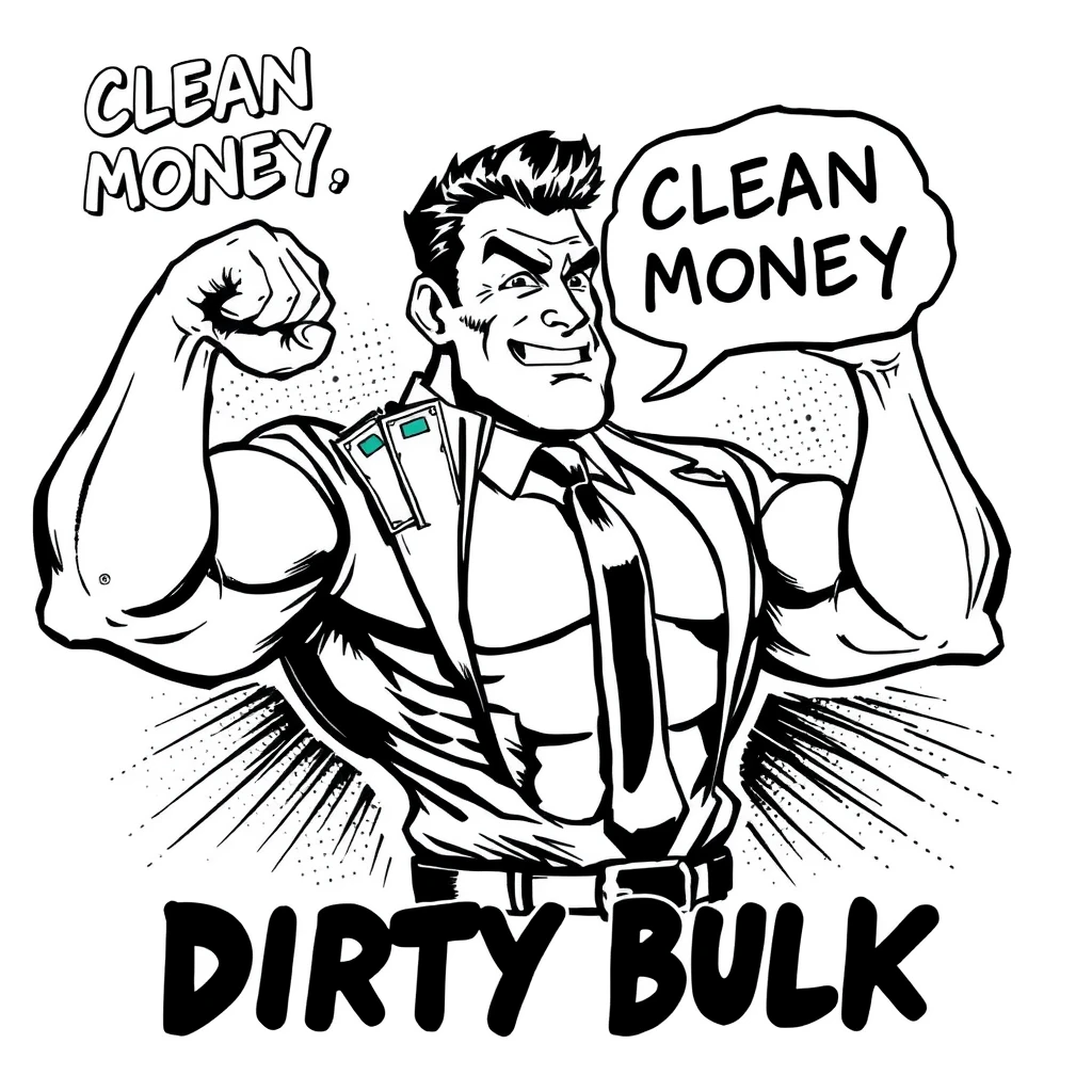 A 50s dot comic ink black monochromatic style of a muscular business gigachad flexing holding a wad of cash. Text says “Clean Money Dirty Bulk.”