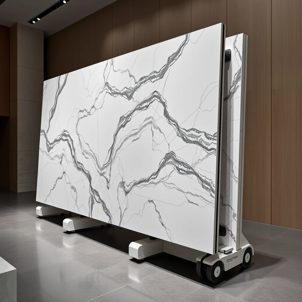 Smart, stylish robotic display system that can hold large 4-meter sized, polished marble panels such that the marble panels can be carried on AGVs, plus oriented vertically or horizontally, in book match format, for best viewing experience.