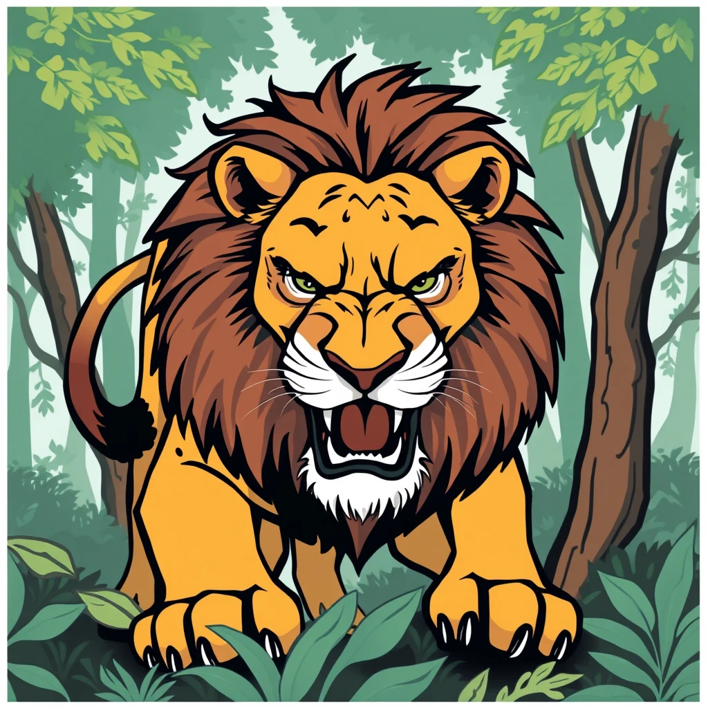 a aggressive lion in forest, vector sticker, contour, Traditional animation style, adobe illustrator, pure clean bright solid background - Image