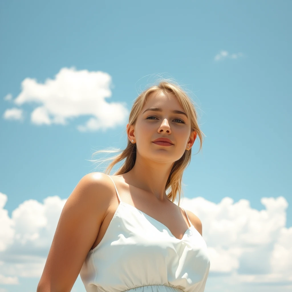 A serene, blissful scene of a young woman in a silky white sundress. The scene feels real and unpolished, informal. The subject has natural beauty, authentic imperfections; counter to the plastic surgery so often seen. A few strands of light blonde frame the sides of her eyes. The fluffy clouds decorate the clear blue sky. The breeze teases the hem of her skirt. She blushes with the sensitivity of life.