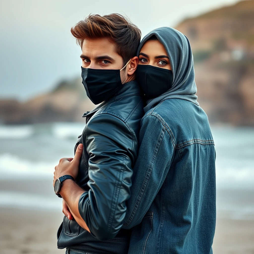 Jamie Dornan's head and body shot, handsome, black face mask, denim jacket, jeans, dating, love couple, hugging from behind, with the biggest gray hijab Muslim girl, black face mask, beautiful eyes, black leather jacket, biggest skirt, at the beach, hyper-realistic, street photography, selfie. - Image