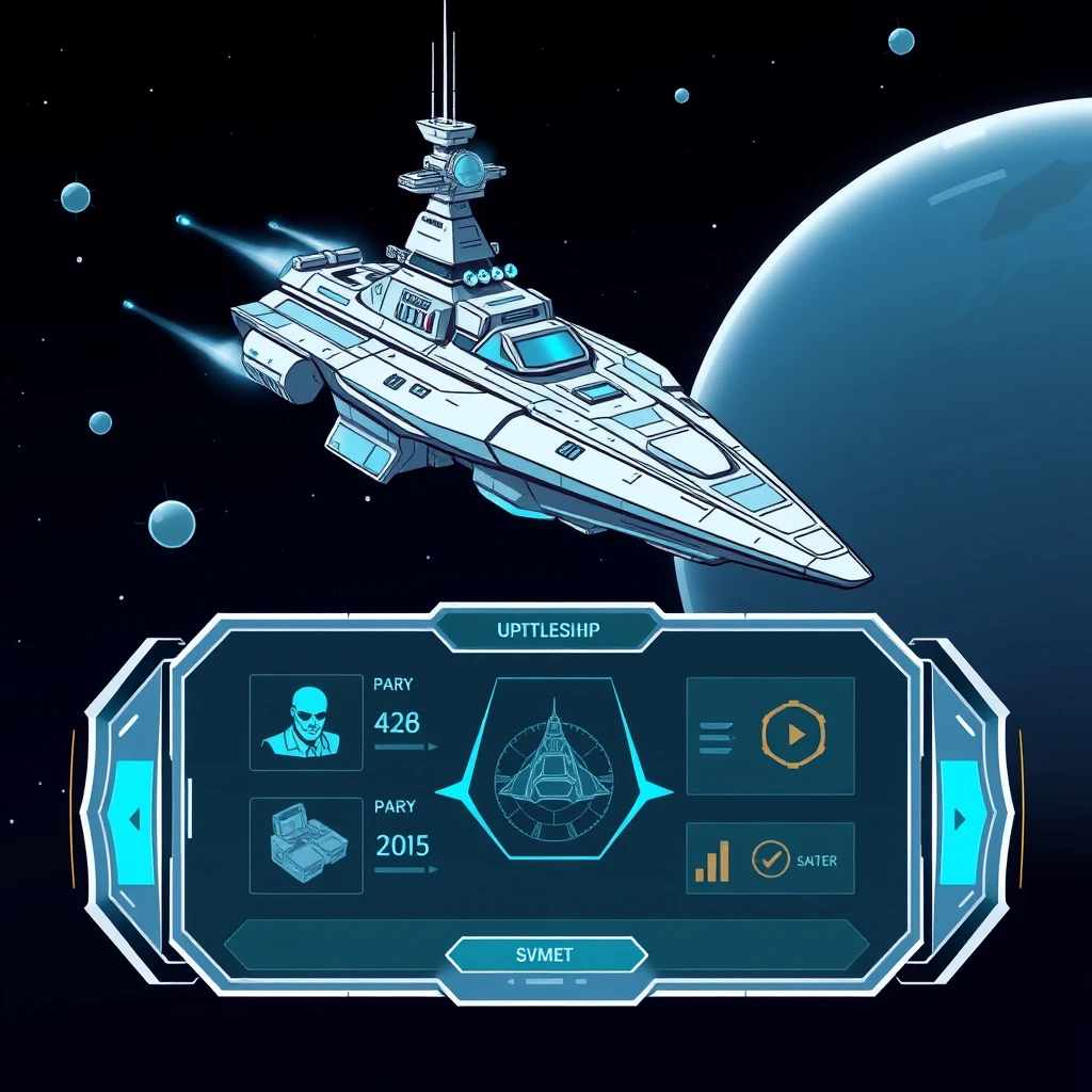 "Space battleship game, an illustration with a space battleship at the top and a UI for upgrading the battleship at the bottom, with a translucent UI, and the space battleship is also visible."