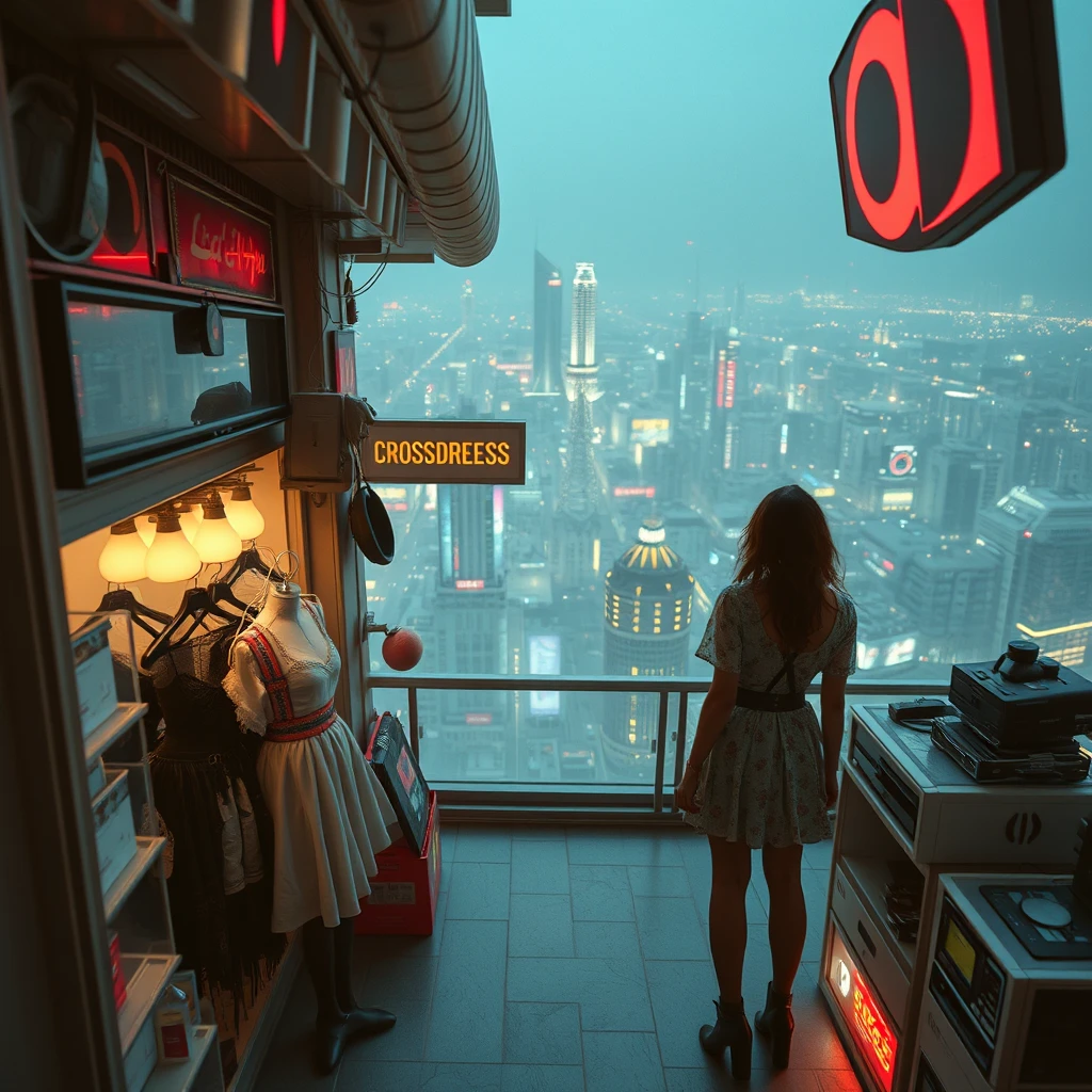 "Crossdressing store, aerial view, sweet cyberpunk style,"