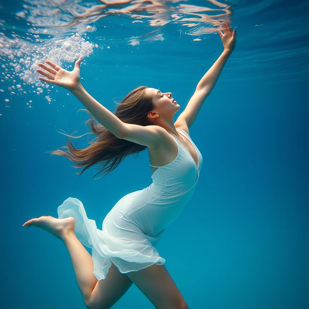 A symbolic photo: An alluring young woman dancing underwater. Life and sensitivity. Perfection. Beauty. Attraction. Supple. Form. Curves.