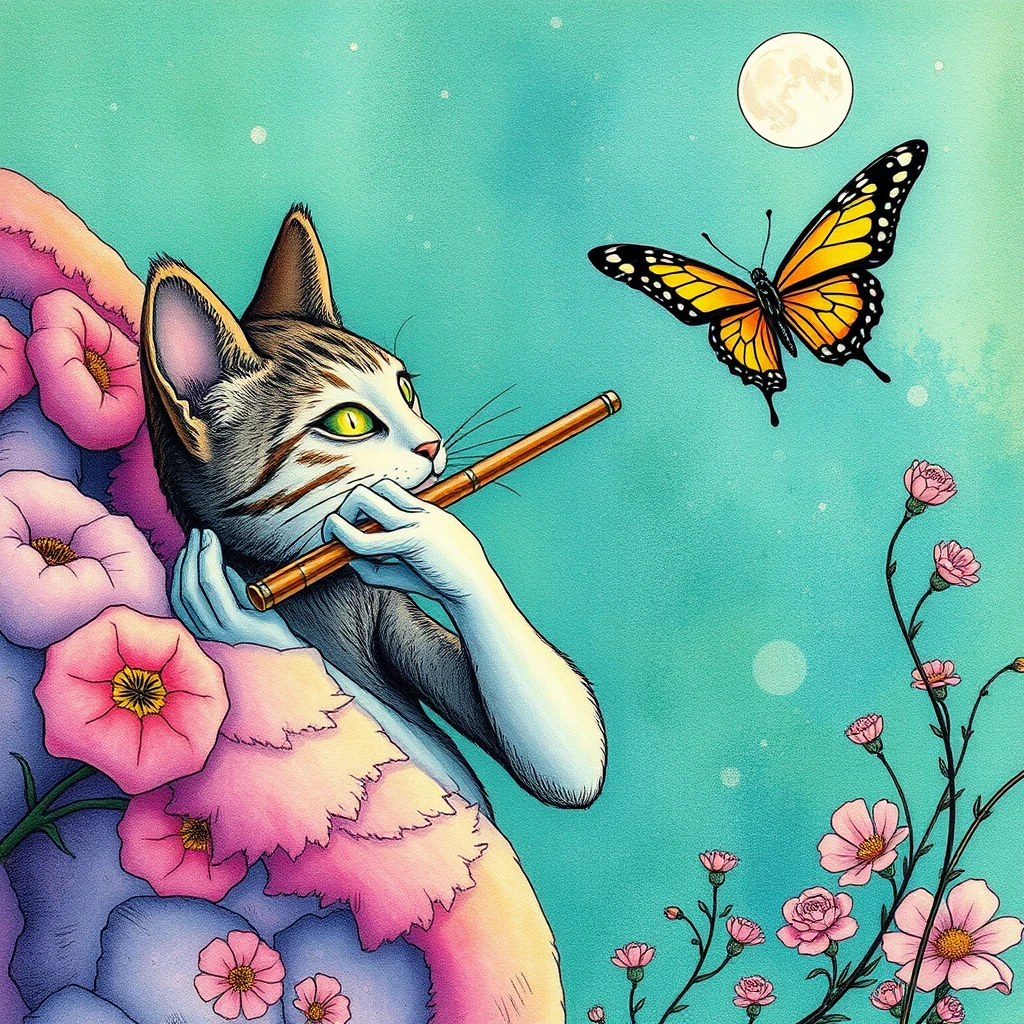 Moebius style, René Laloux style, Leonora Carrington style

Psychedelic Surrealism, 
Hypnagogic, Ethereal, Phantasmal

A Cat Butterfly playing the flute

Pastel colors, Watercolor inks illustration, Lo-fi style.