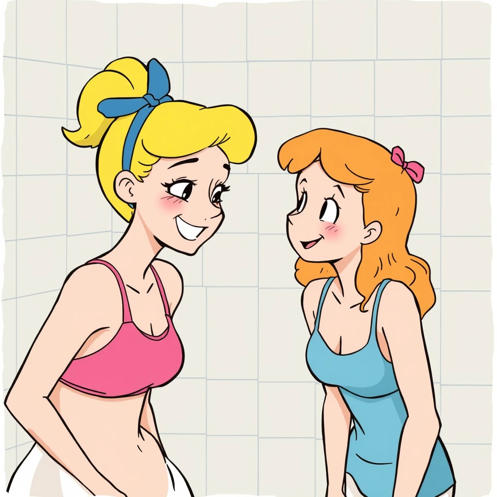 Alice giggles impishly as she helps Betty get ready for their post-practice shower at summer camp.