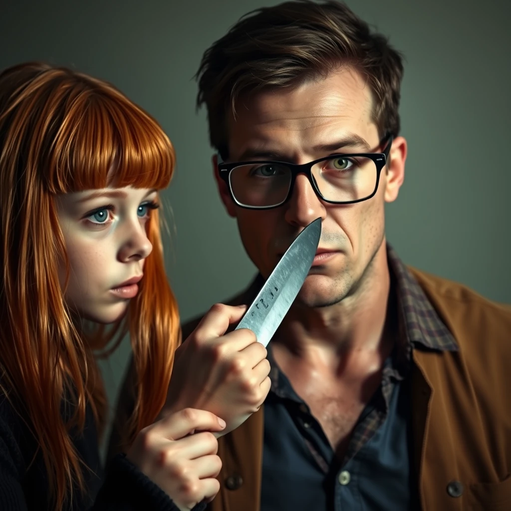 a horror scene; a short skinny teenage girl with long ginger hair and bangs, green eyes, holding a knife and cutting a tall Italian white man who is wearing glasses. - Image