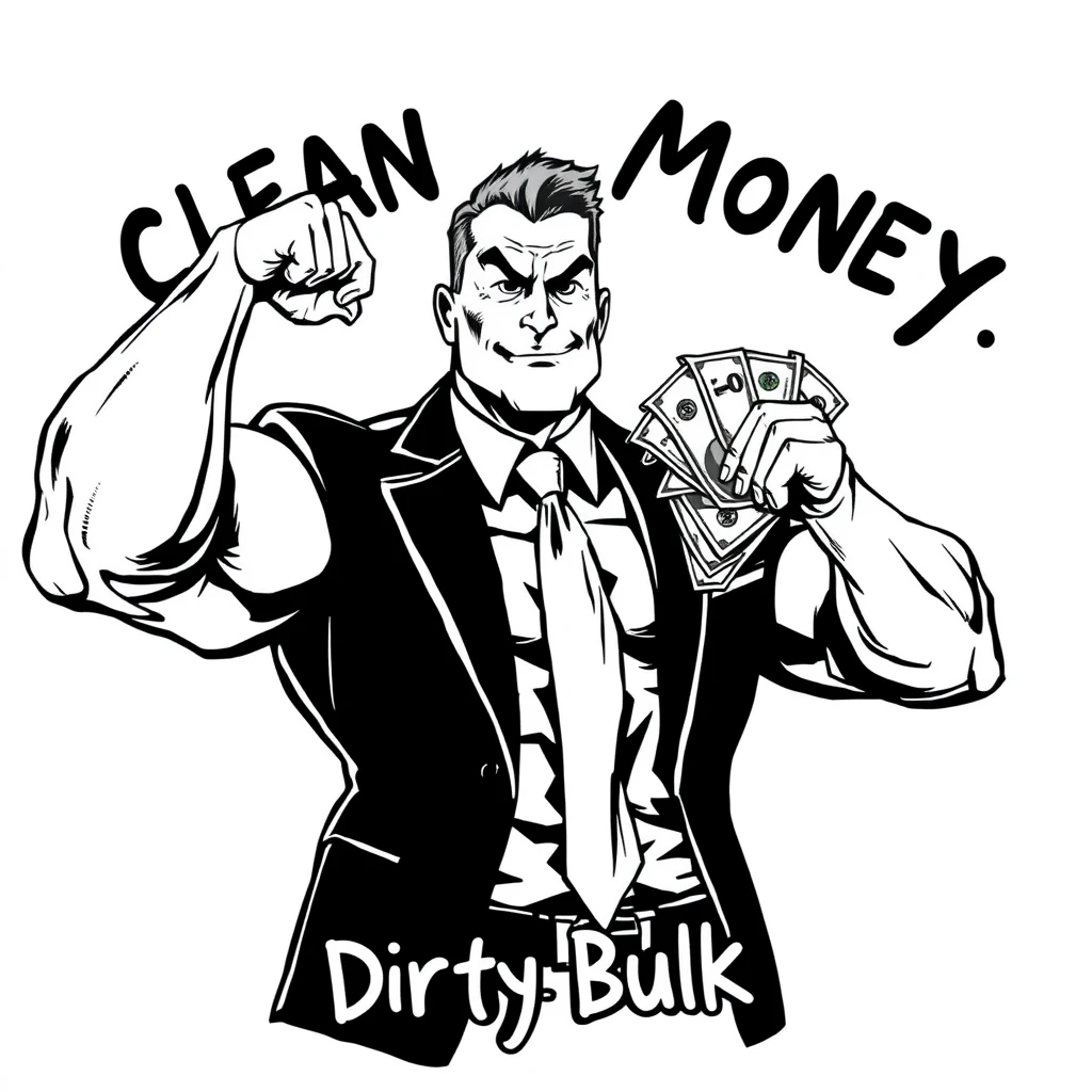 A comic ink black monochromatic style of a muscular business bro flexing while holding a wad of cash. Text says “Clean Money Dirty Bulk.”