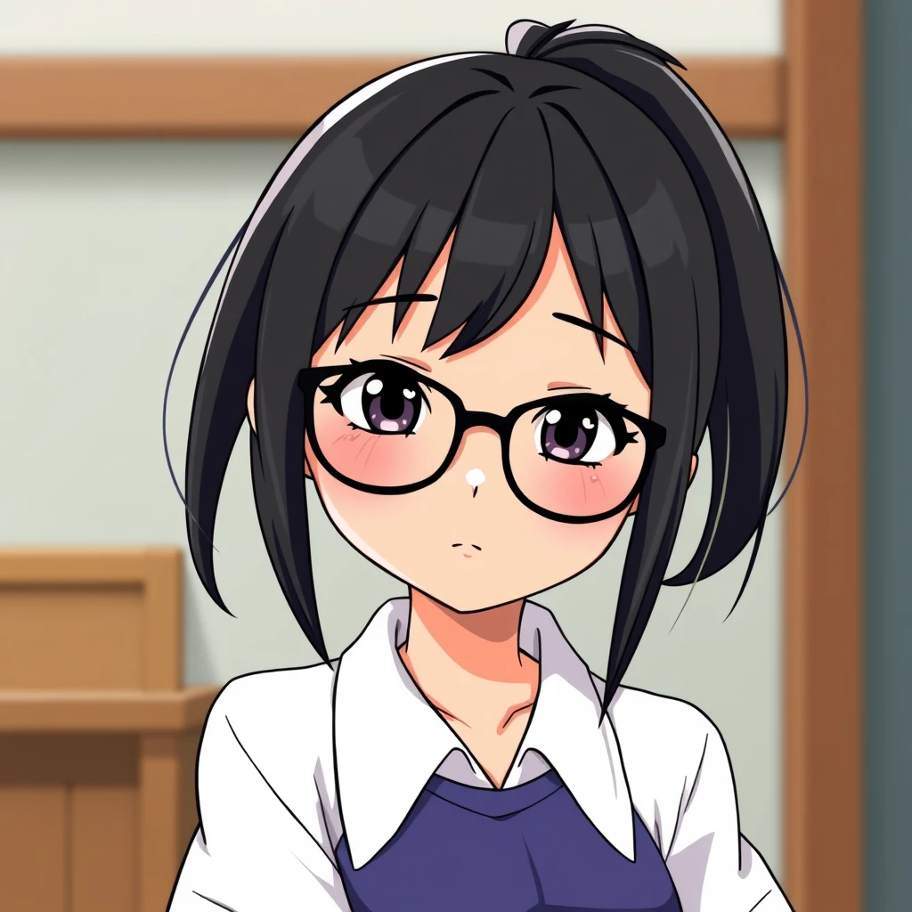 Animated style, Asian girl, black hair, round face, thick-framed glasses, ponytail.