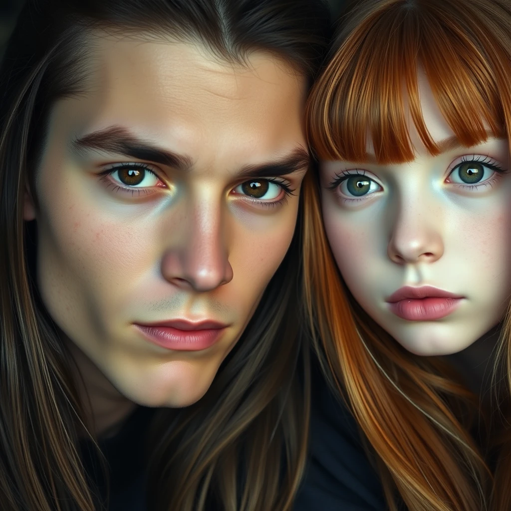 Young man with long dark brown hair parted in the middle, sharp facial features, pale skin, light brown eyes, thick eyebrows, and long eyelashes, beside a cute white girl with ginger hair, a turned-up small nose, pink lips, and green eyes with long bangs. - Image