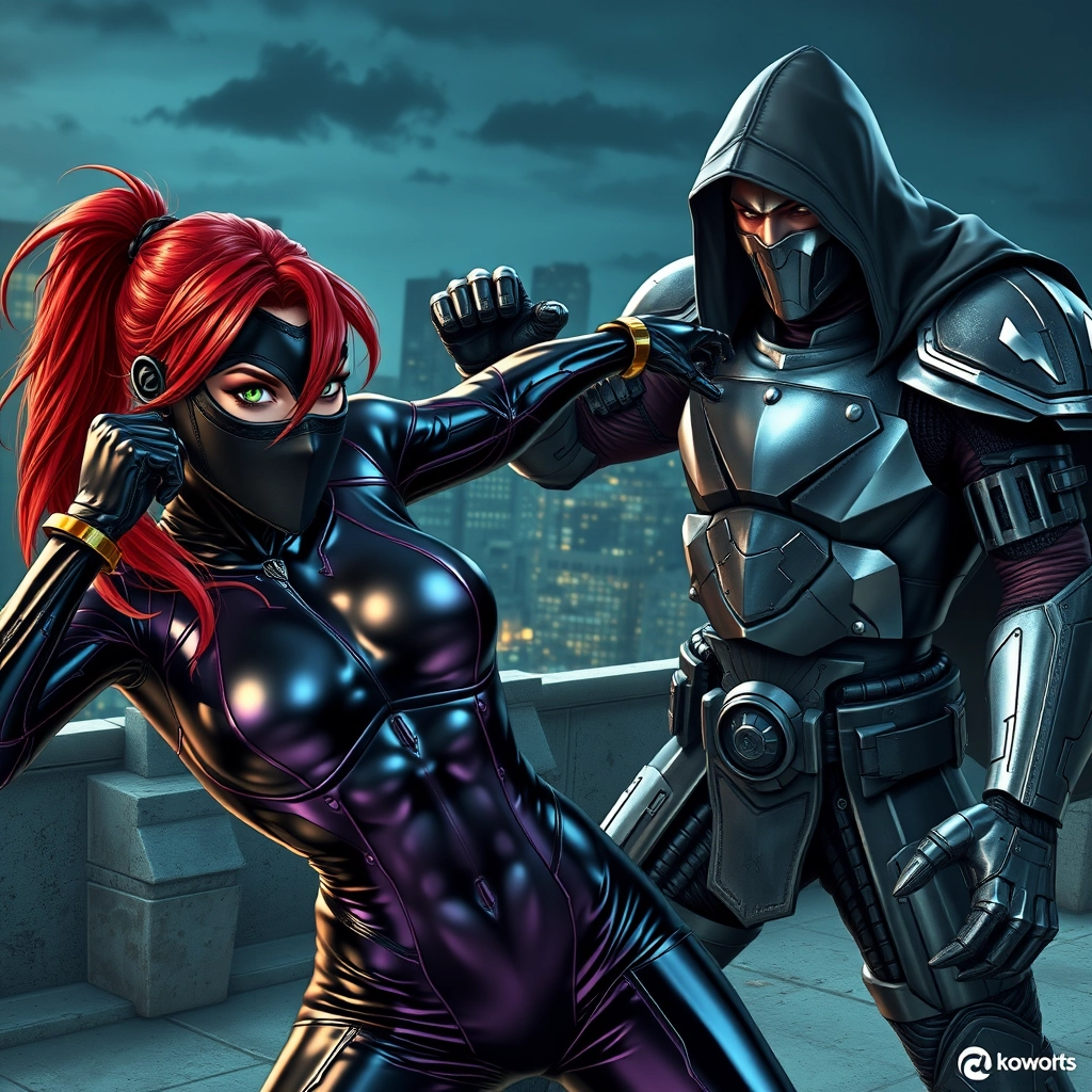 female redhead with green eyes and black metallic mask that covers her face, metallic black and purple futuristic spandex is throwing a punch at a tall man in heavy metallic armor with a black hood and cape on a futuristic nighttime rooftop, in a dynamic and realistic style.