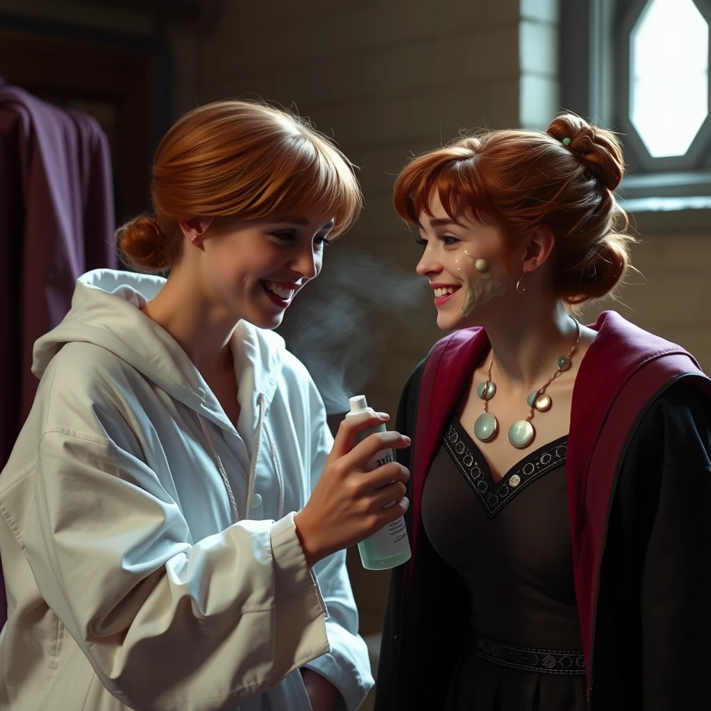 Hermione giggles as Ginny sprays her face with gooey translucent skin cream. - Image