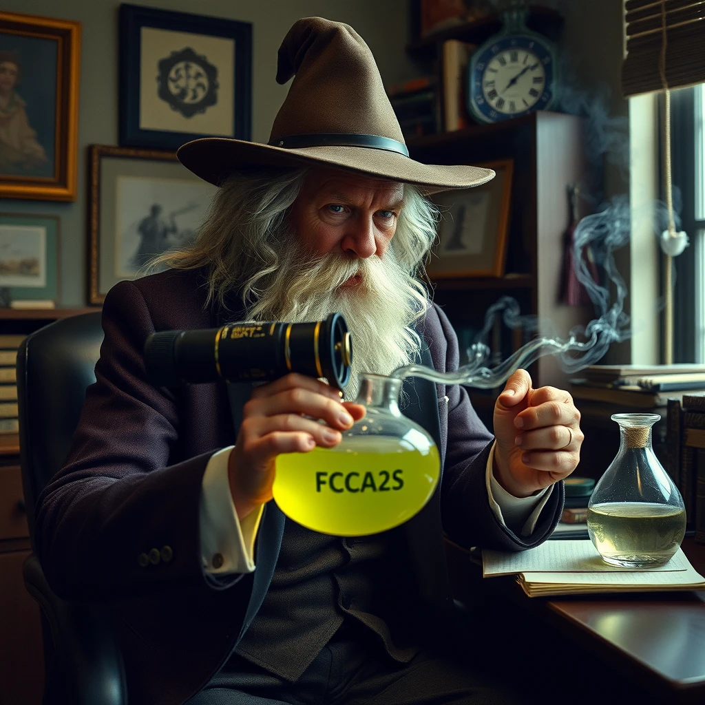 Cannon camera - Gandalf in a suit in a modest office brews potion that says “FCFA2S”